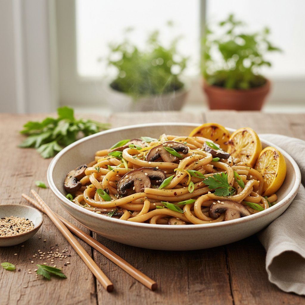 Zesty Lemon and Herb Japanese Udon Stir-Fry with Shiitake Mushrooms