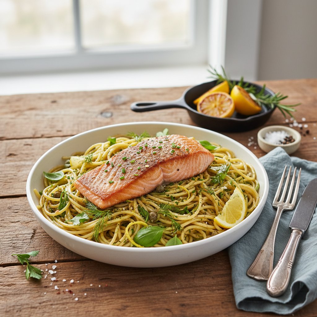 Zesty Lemon and Herb Spaghetti with Quick Pan-Seared Salmon