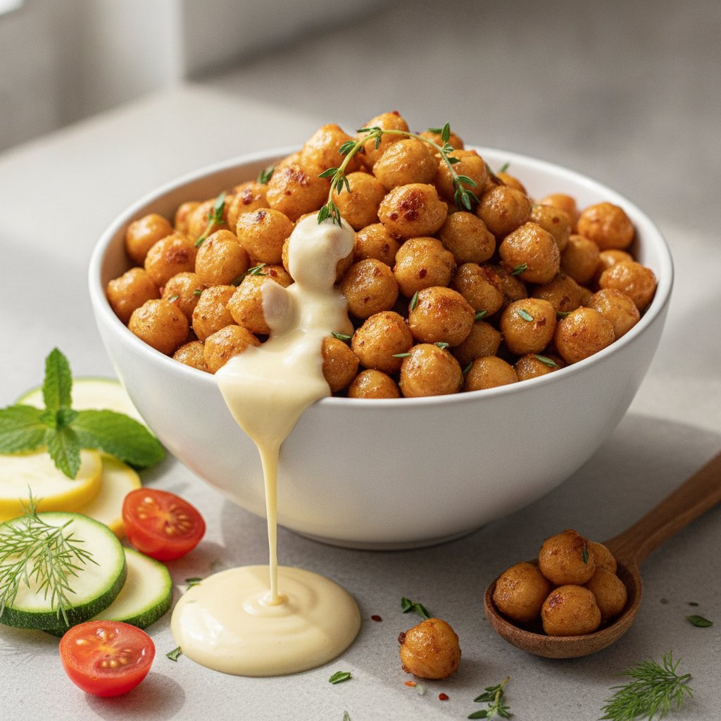 Zesty Lemon and Thyme Air-Fried Chickpea Mix with Spicy Tahini Lemon Dip