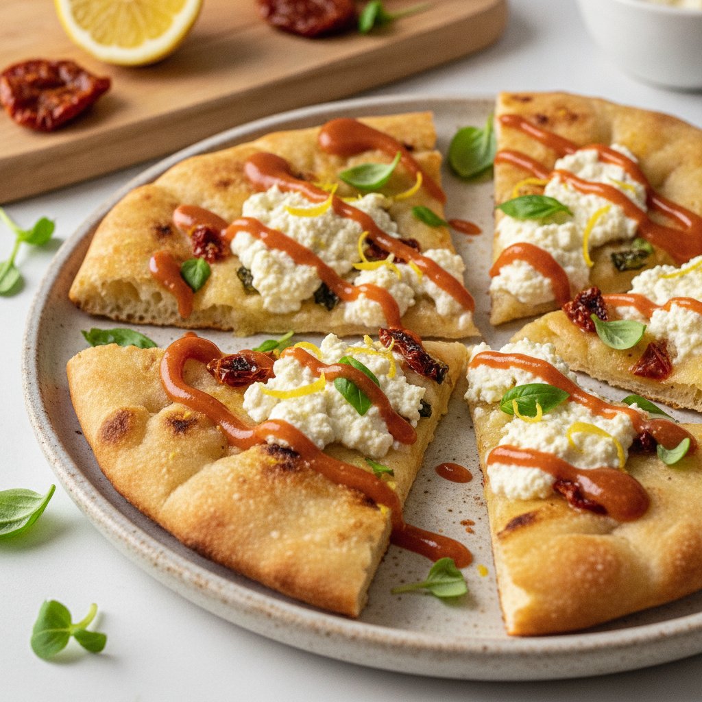 Zesty Lemon-Basil Cottage Cheese Flatbreads with Sun-Dried Tomato Drizzle