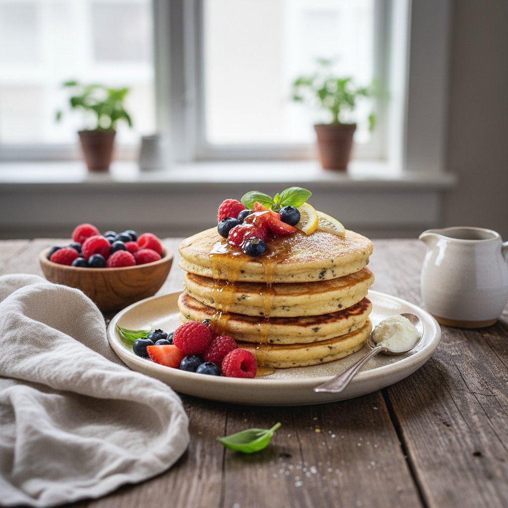 Zesty Lemon-Basil Ricotta Pancakes with Honeyed Berries