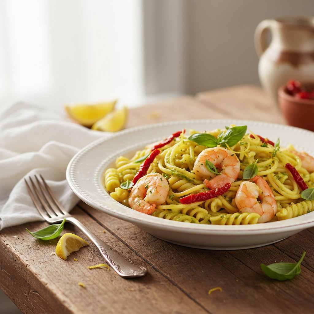 Zesty Lemon Basil Shrimp Pasta with Sun-Dried Tomato Garnish
