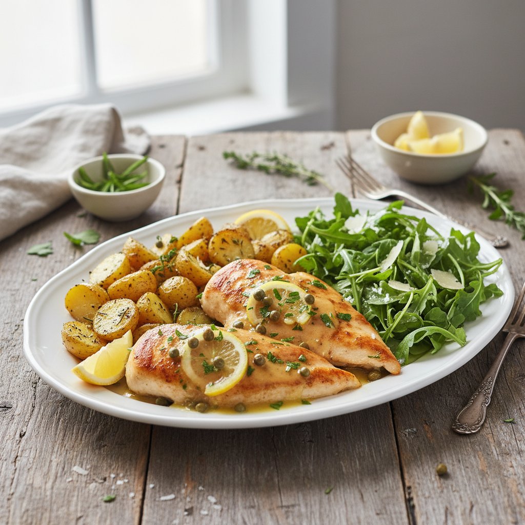 Zesty Lemon-Caper Chicken with Herb-Roasted Potatoes and Arugula Salad