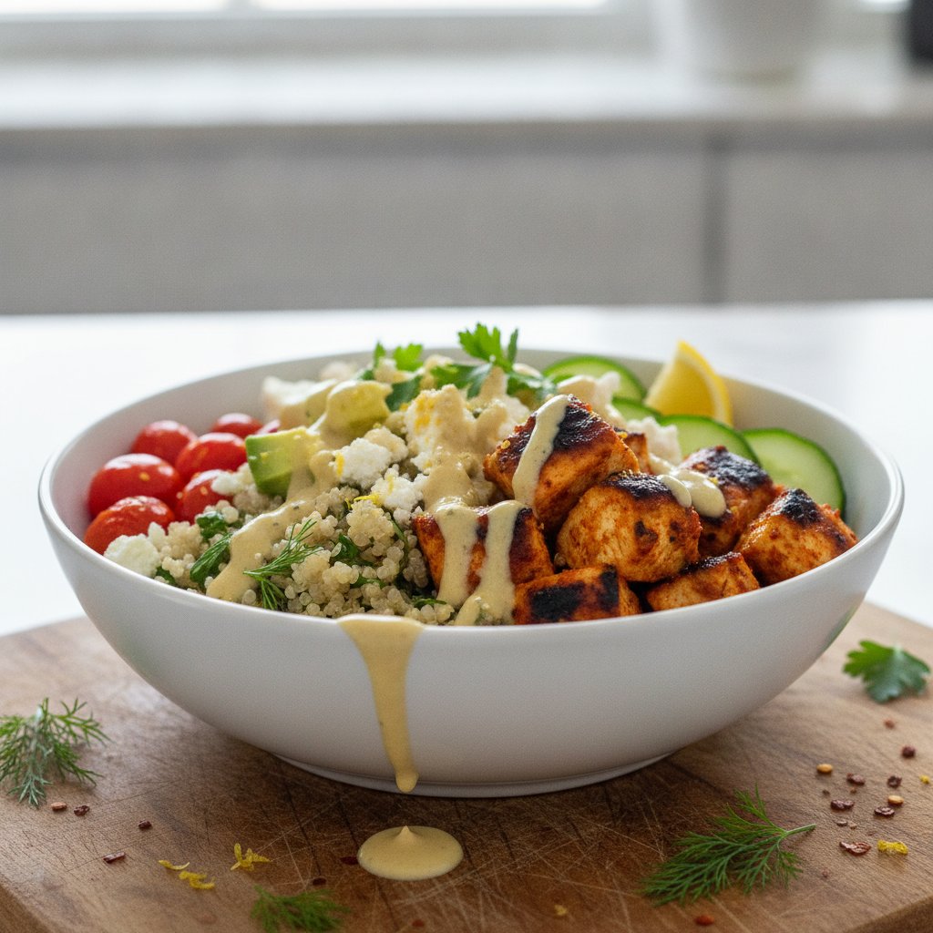 Zesty Lemon-Dill Quinoa Power Bowl with Grilled Harissa Chicken