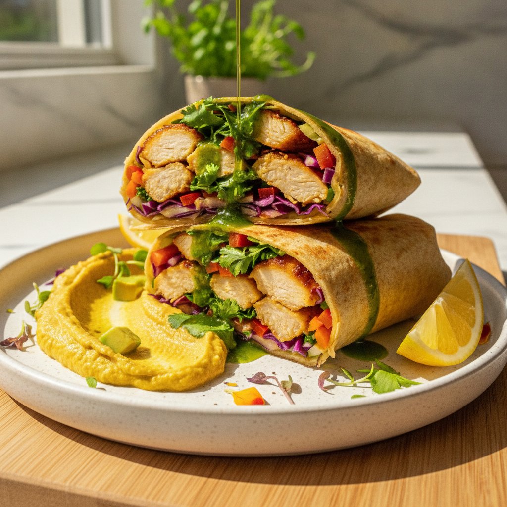 Zesty Lemon Herb Chicken Chopped Wrap with Turmeric Avocado Hummus