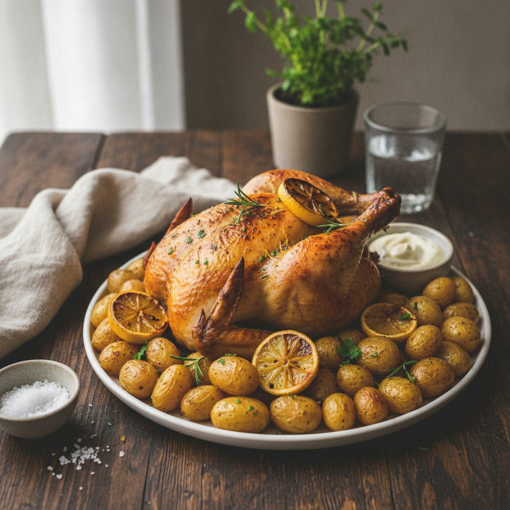 Zesty Lemon Herb Roasted Chicken with Crispy Potatoes and Garlic Aioli