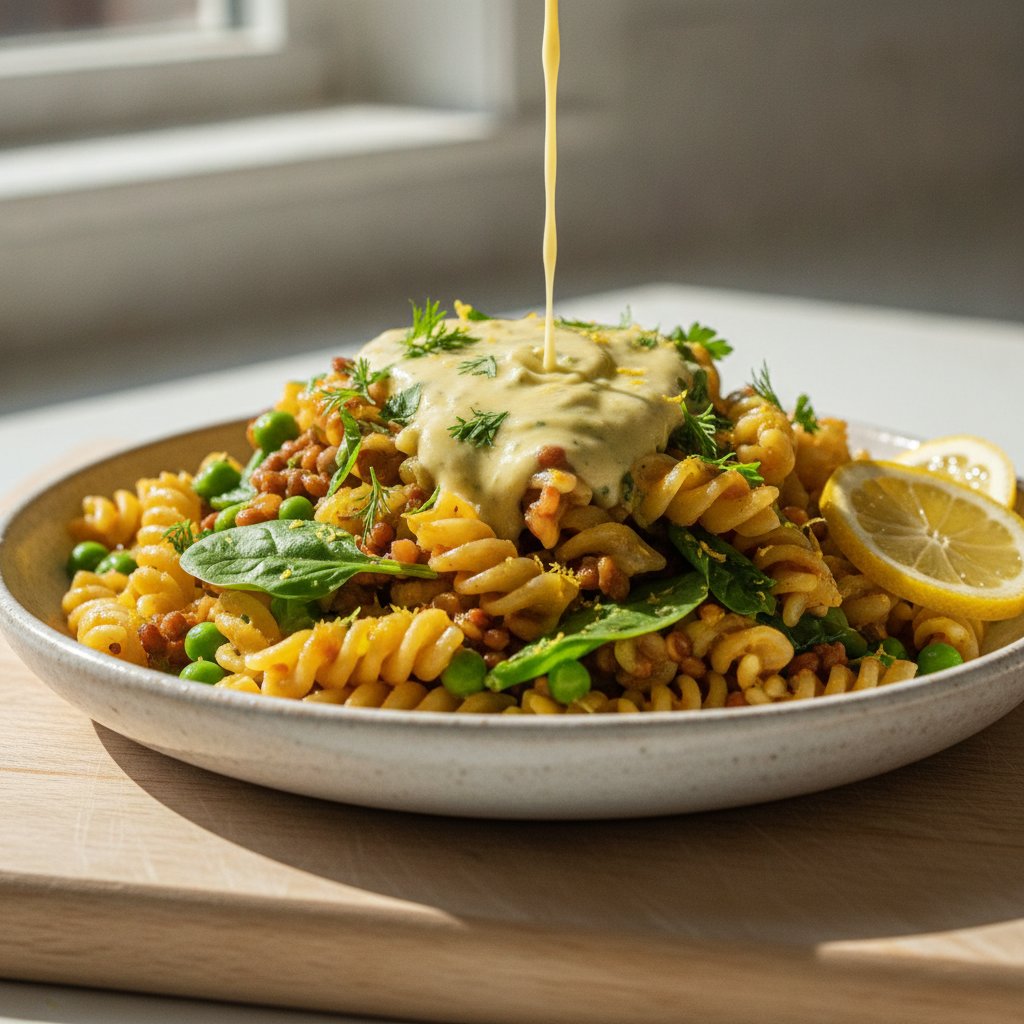 Zesty Lemon-Lentil One-Pot Pasta with Spinach and Peas