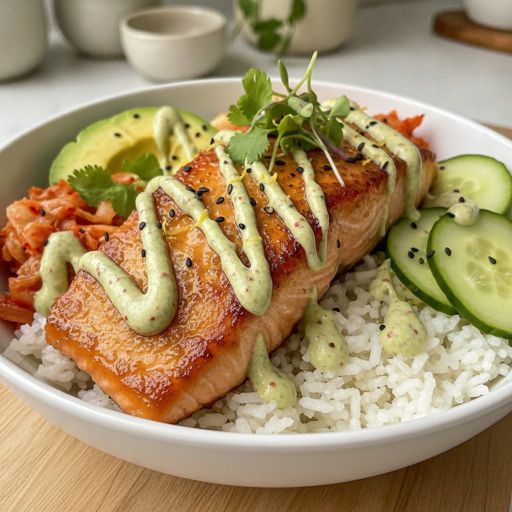 Zesty Lemon Miso Salmon Rice Bowl with Avocado-Kimchi Yogurt Drizzle