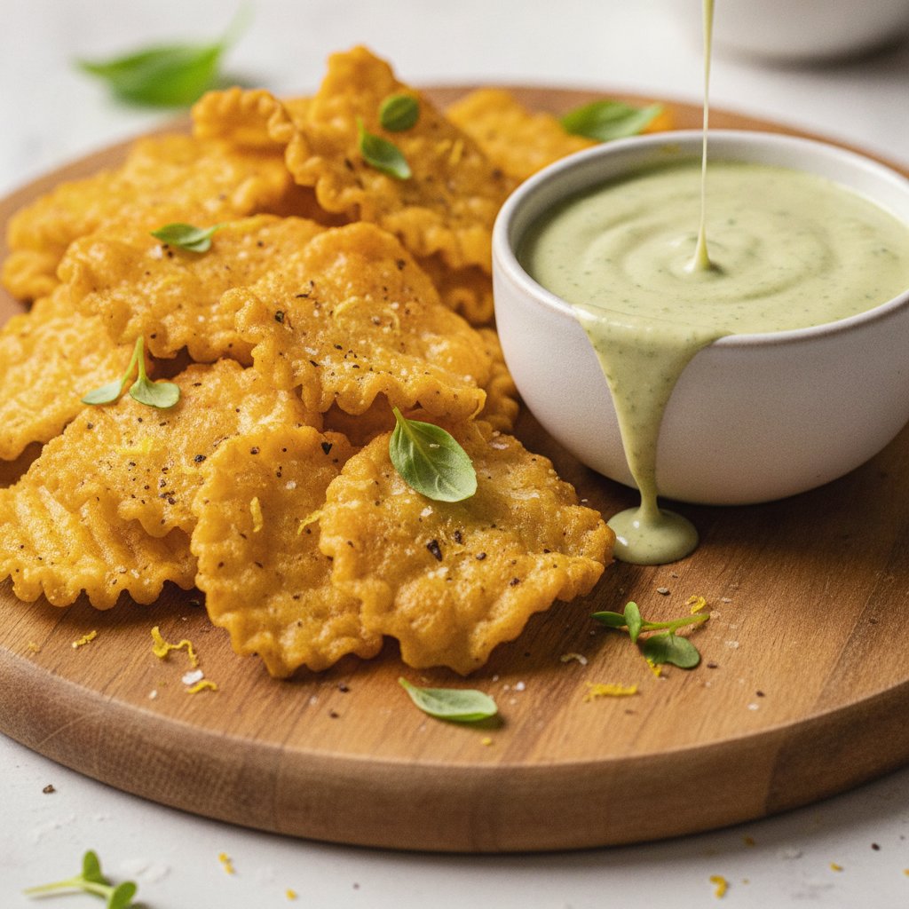 Zesty Lemon Pepper Pasta Chips with Basil Aioli Dip