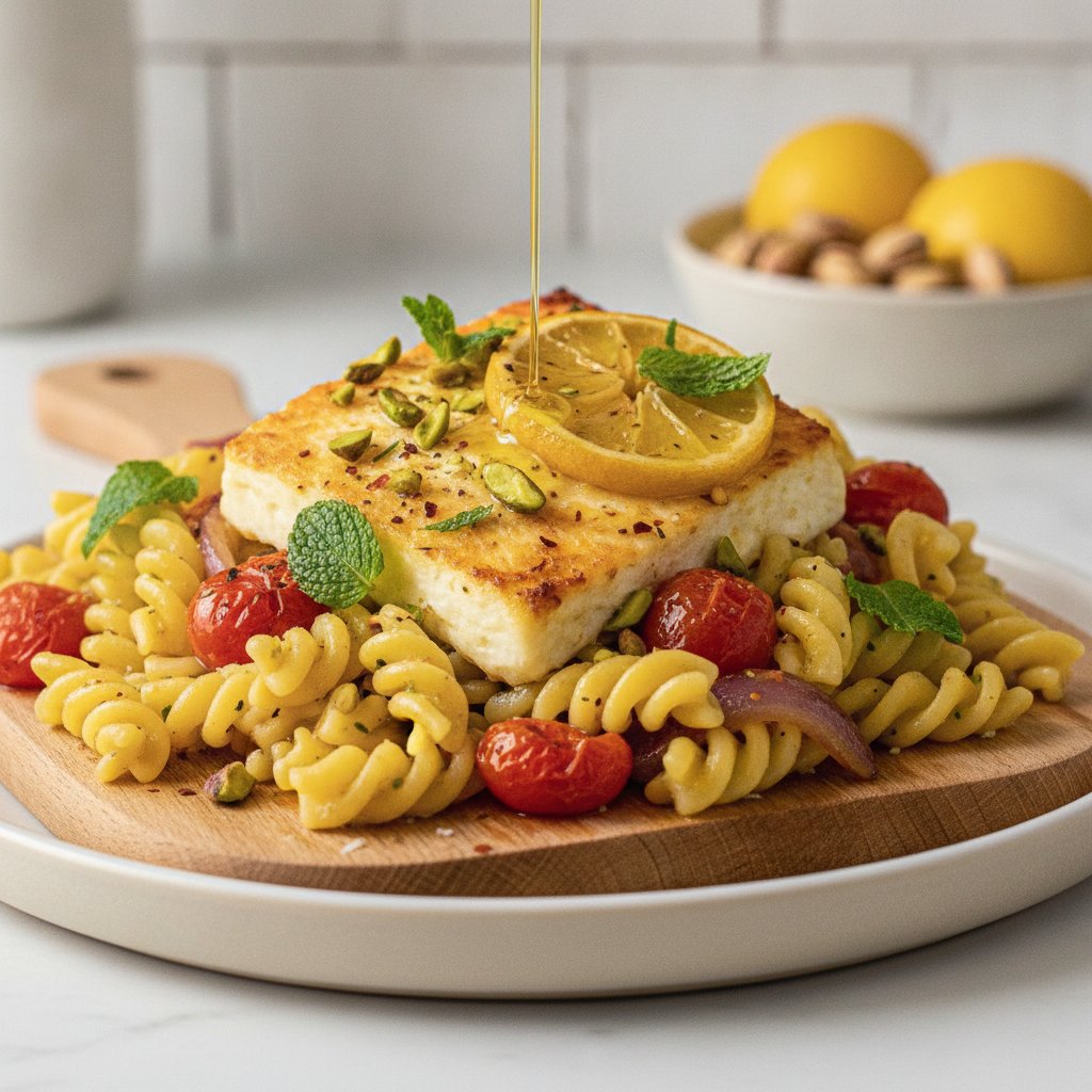 Zesty Lemon-Pistachio Baked Feta Pasta with Chickpea Rotini and Fresh Mint