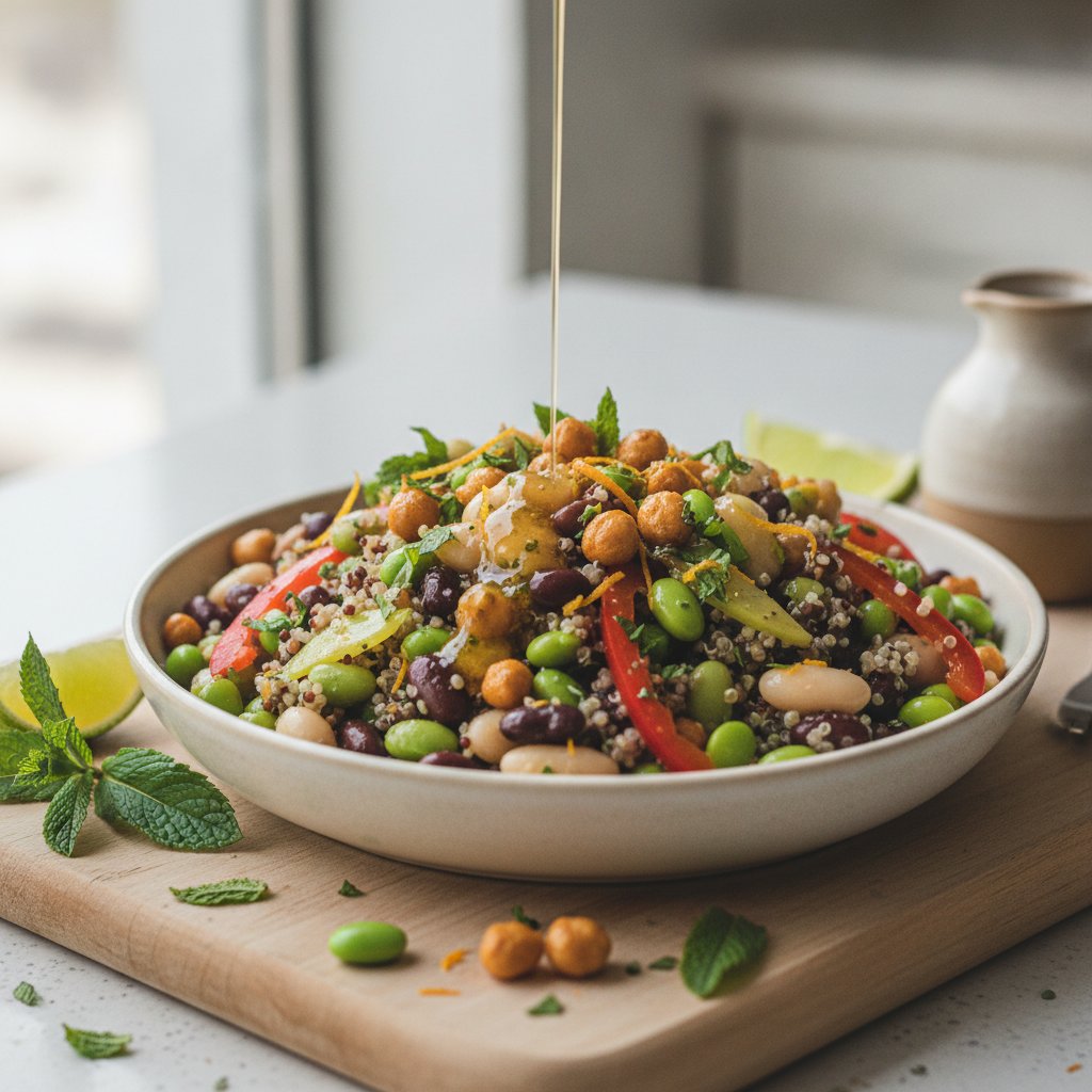 Zesty Marinated Bean and Quinoa Salad with Crunchy Edamame and Citrus-Mint Vinaigrette
