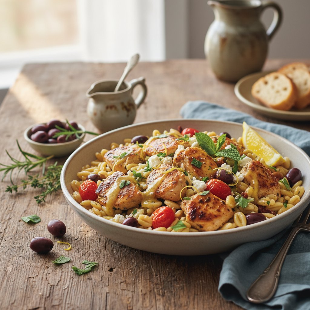 Zesty Mediterranean Chicken and Olive Orzo with Lemon Herb Dressing