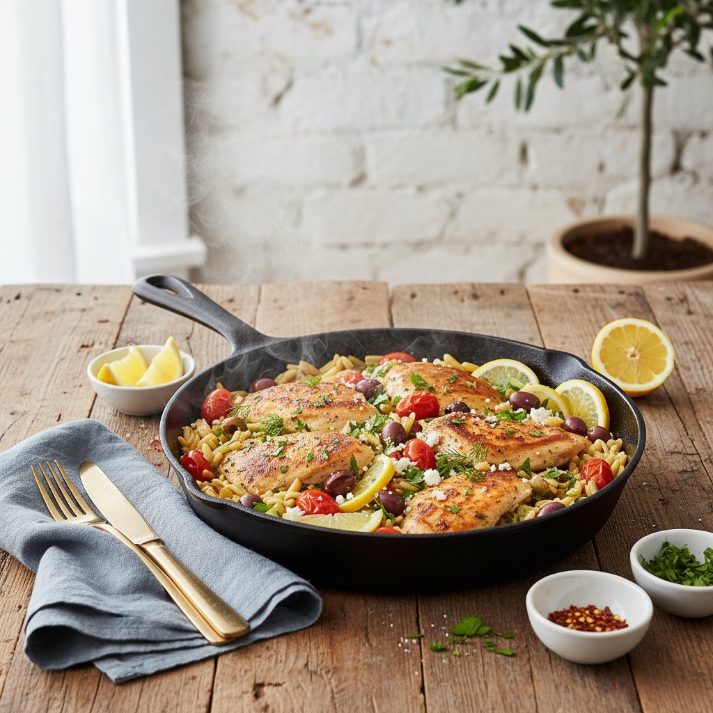 Zesty Mediterranean Chicken and Orzo Skillet with Lemon and Herbs