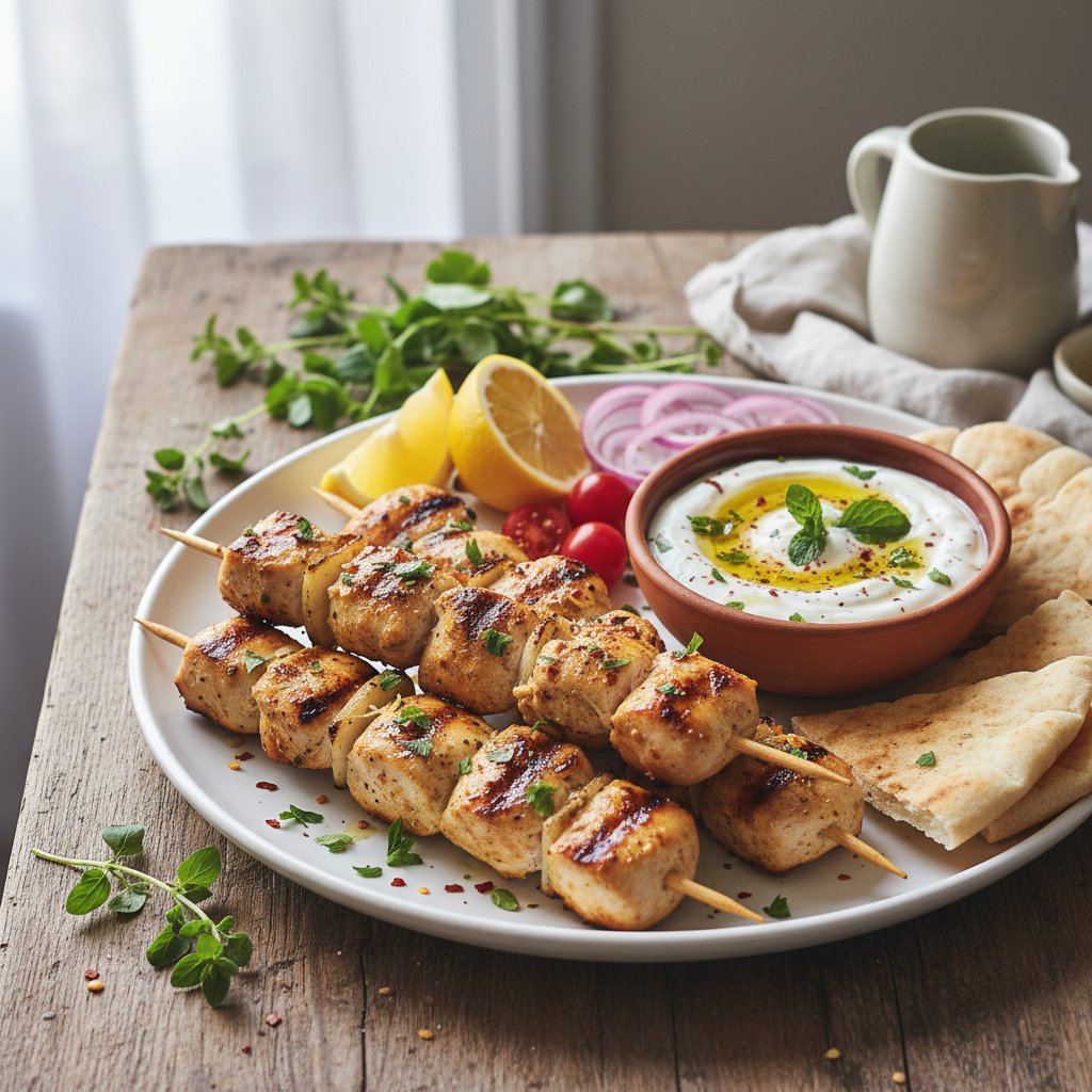 Zesty Mediterranean Lemon Herb Chicken Skewers with Garlic Yogurt Dip