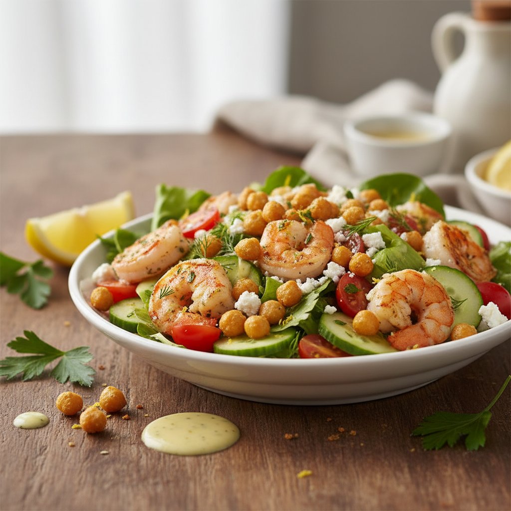 Zesty Mediterranean Lemon-Herb Shrimp Salad with Crunchy Chickpeas