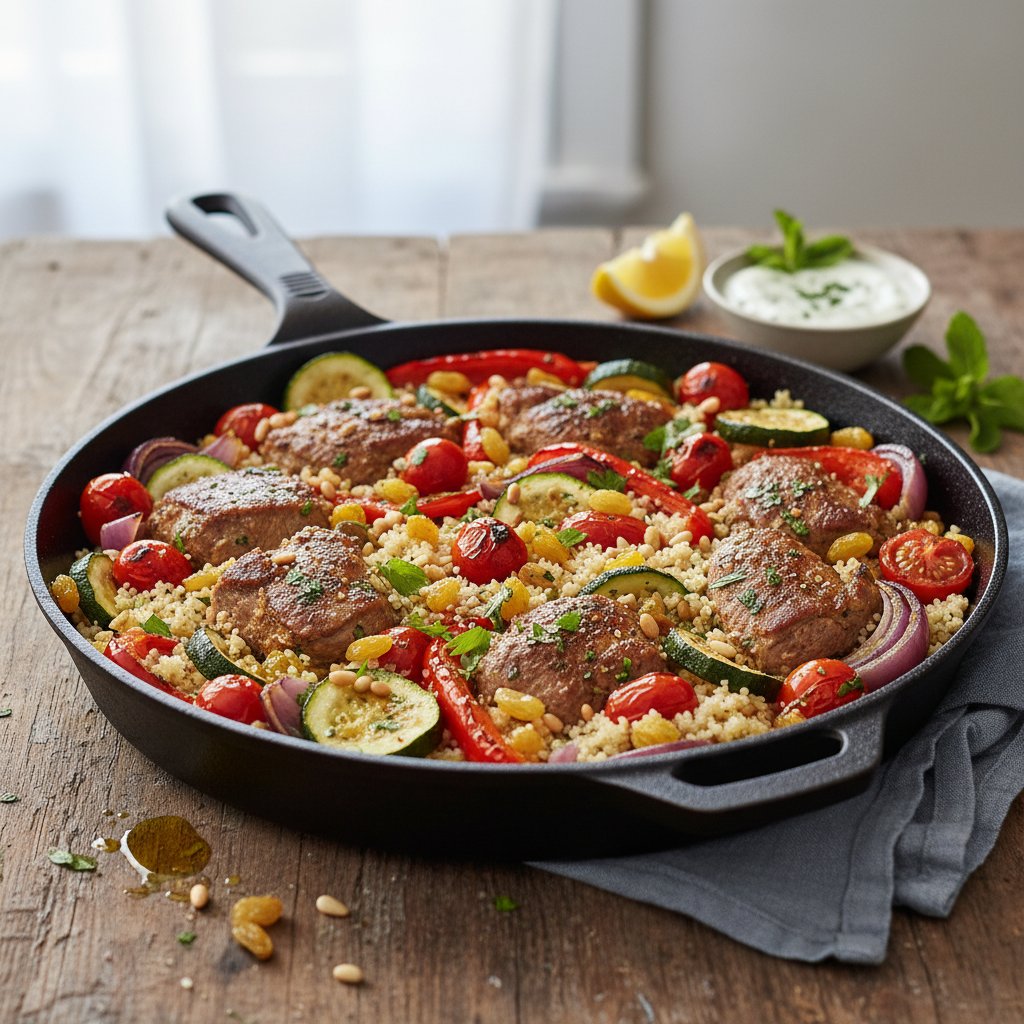 Zesty Mediterranean One-Pan Couscous with Spiced Lamb and Vegetables