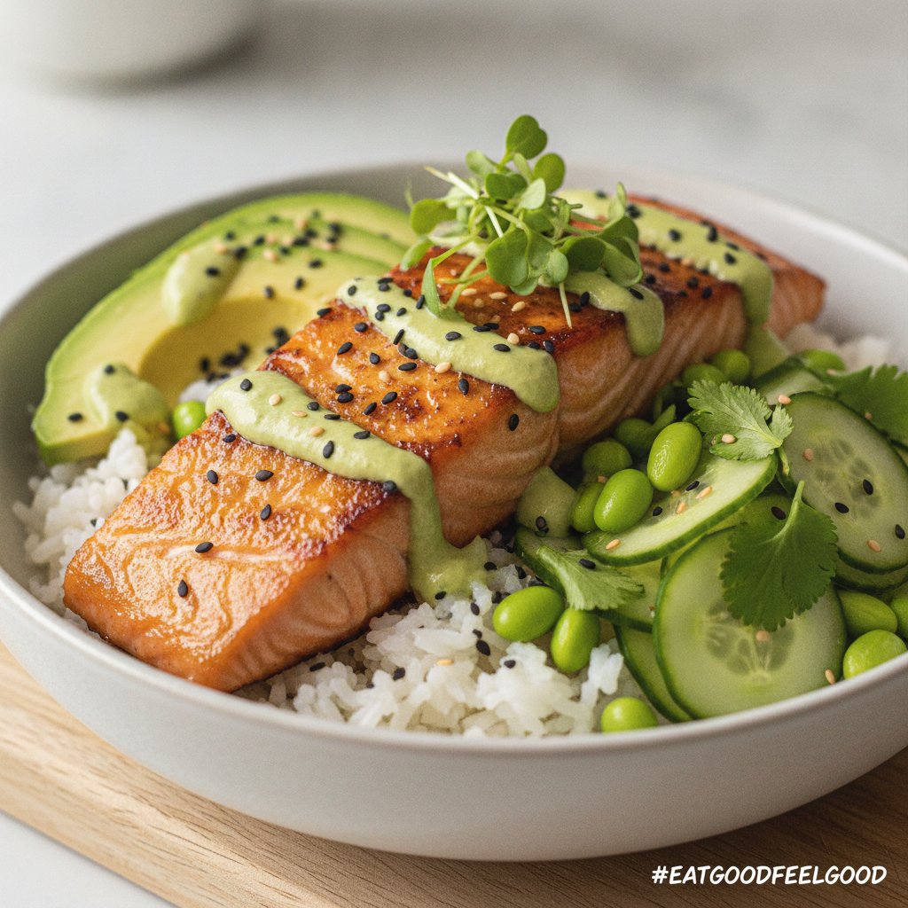 Zesty Miso-Avocado Salmon Rice Bowl with Cucumber-Edamame Crunch