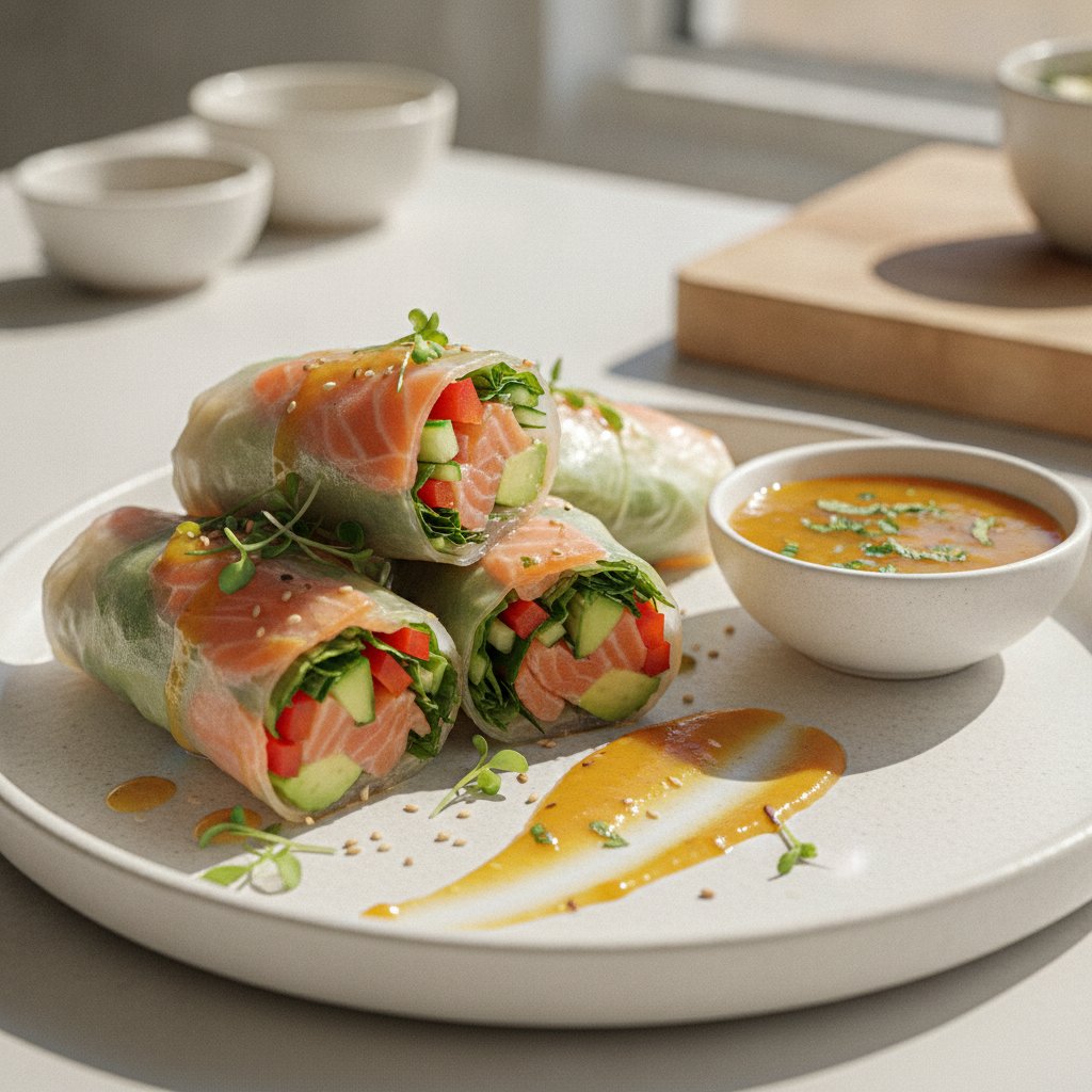 Zesty Rice Paper Avocado & Salmon Roll-Ups with Mango-Mint Dipping Sauce